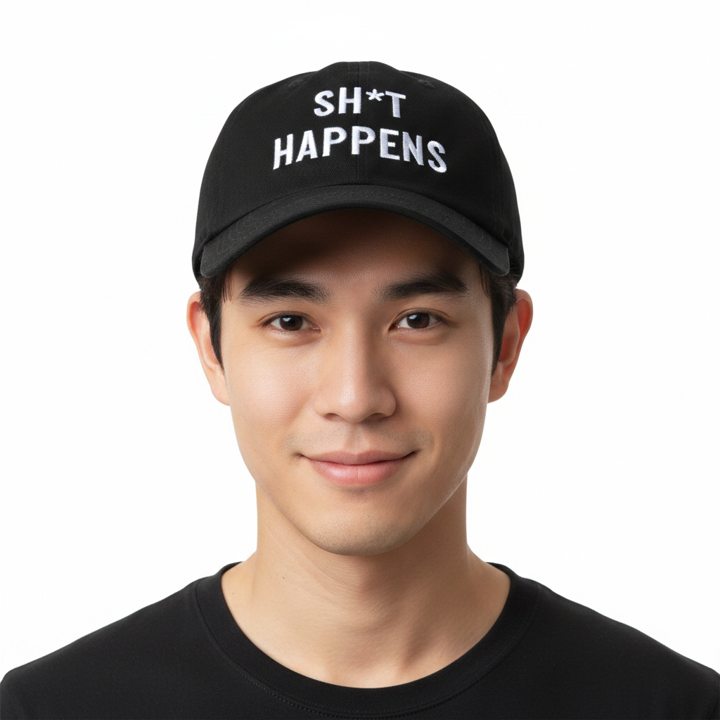 Handsome Chinese man wearing SH*T Happens cap