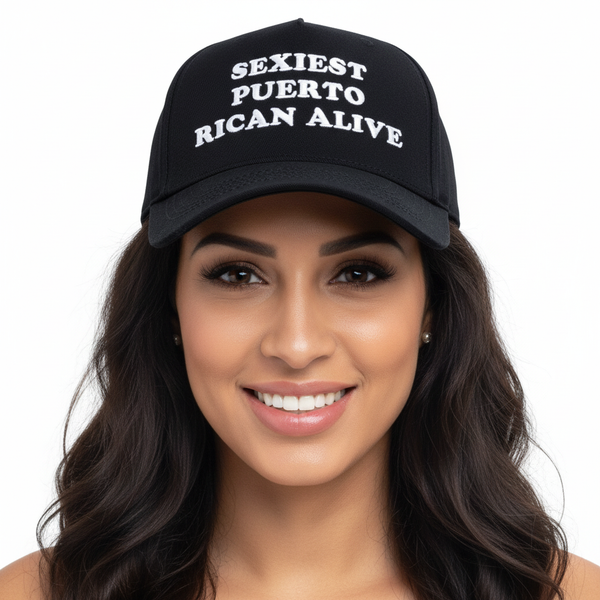 Beautiful Puerto Rican woman wearing Sexiest Puerto Rican Alive cap