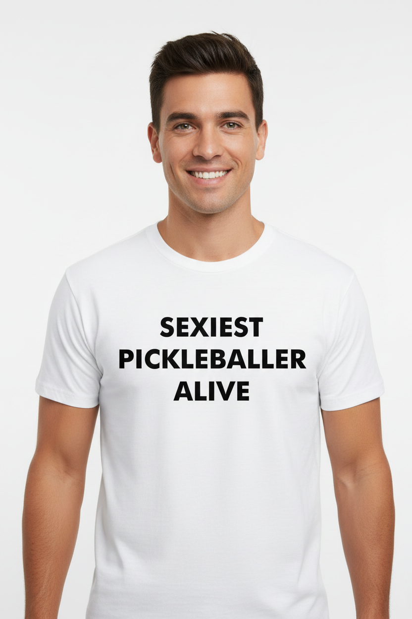 Male model wearing Sexiest Pickleballer Alive tee in black text