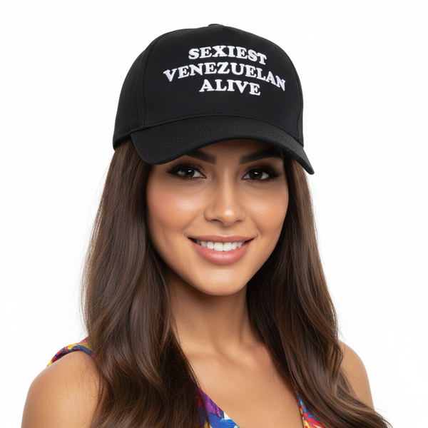 Beautiful Venezuelan woman wearing Sexiest Venezuelan Alive cap