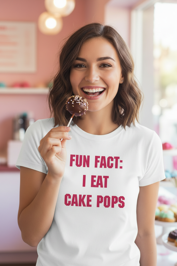 Girl eating a cake pop wearing FUN FACT I EAT CAKE POPS t-shirt