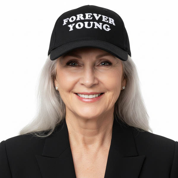 Elegant older woman wearing Forever Young cap