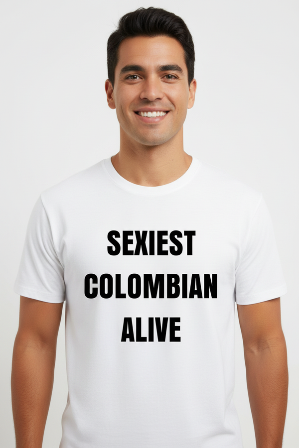 Colombian male model wearing Sexiest Colombian Alive tee