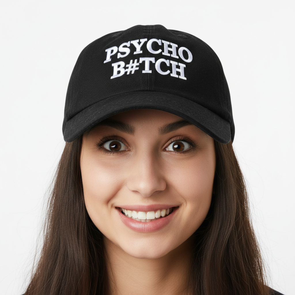 Woman with wild expression wearing Psycho B#tch cap