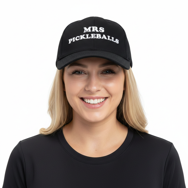 Cute sporty blonde woman wearing Mrs Pickleballs cap