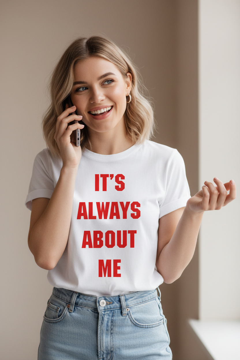 Woman on phone wearing It's Always About Me tee