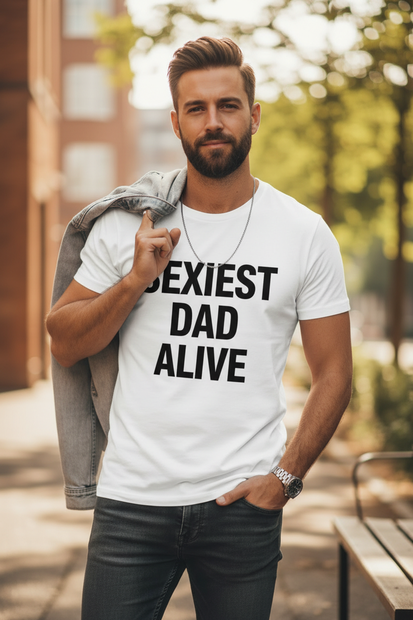 Close-up of Sexiest Dad Alive t-shirt