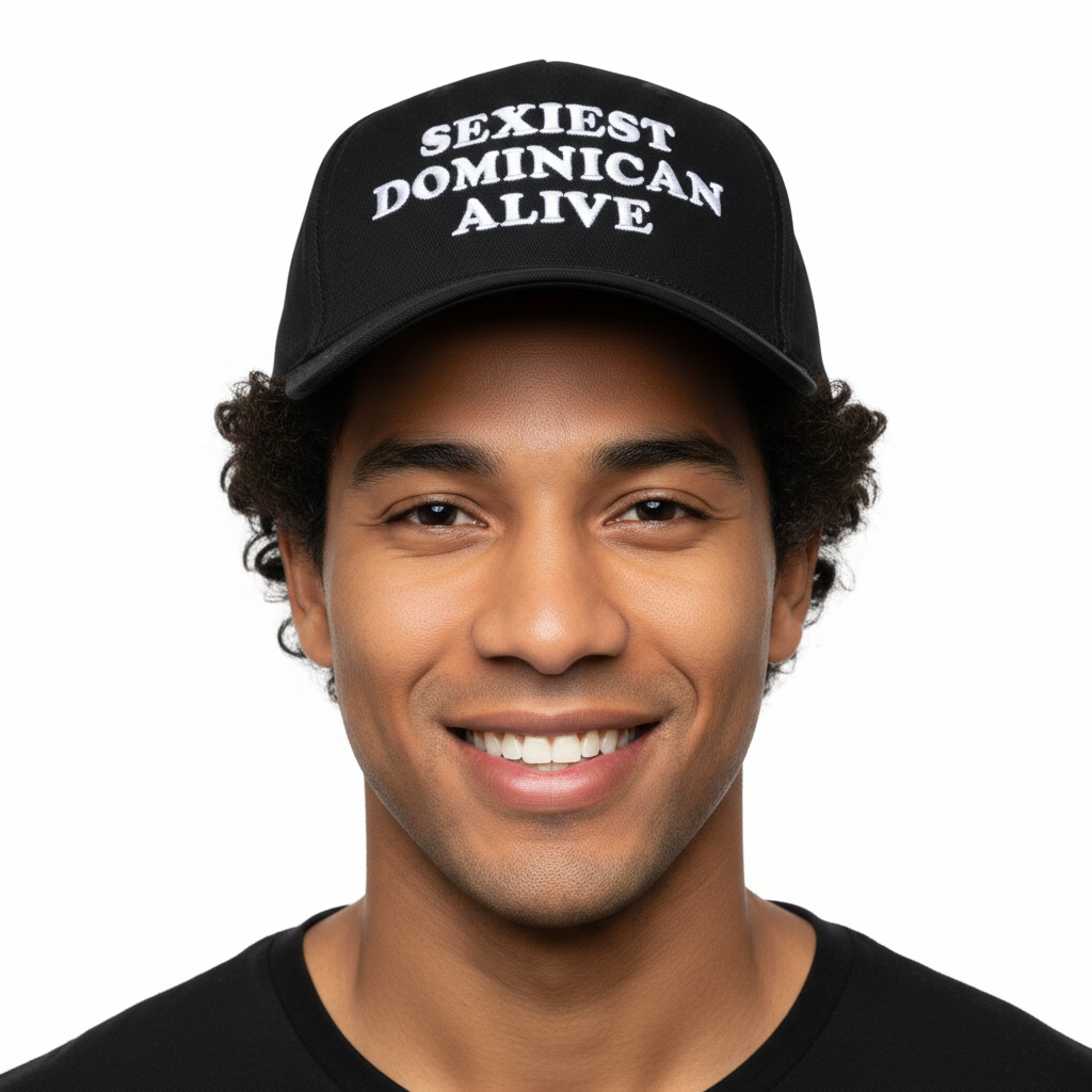 Handsome Dominican man wearing Sexiest Dominican Alive cap