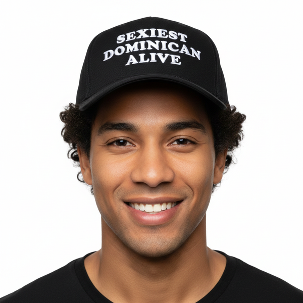 Handsome Dominican man wearing Sexiest Dominican Alive cap