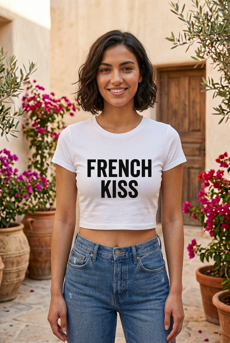 FRENCH KISS White Crop Baby Tee