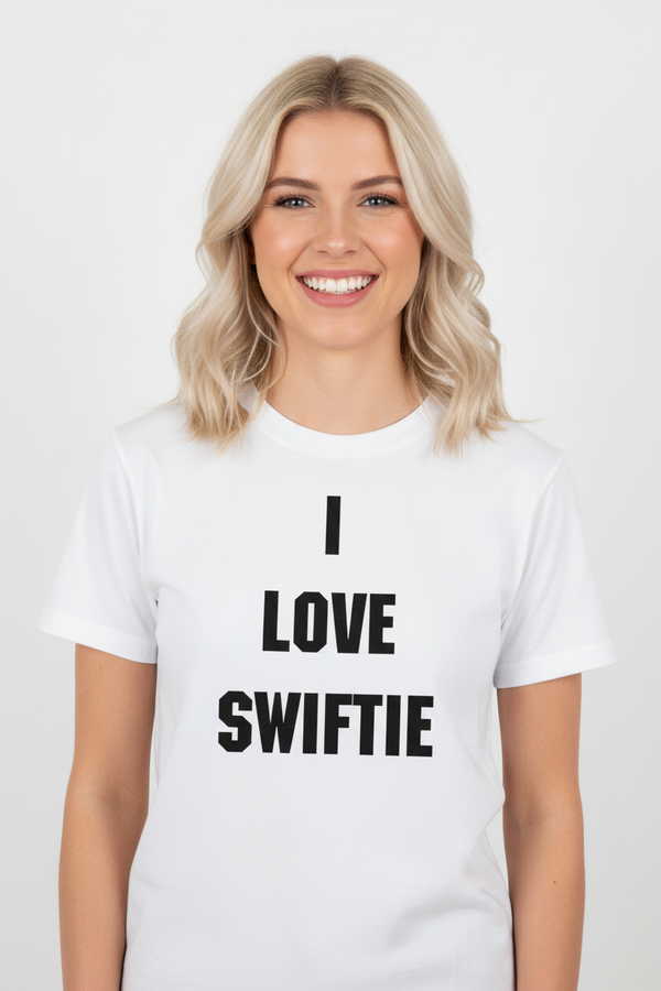 Cute blonde girl wearing I Love Swiftie tee