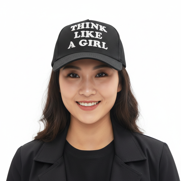 Chinese woman wearing Think Like A Girl cap