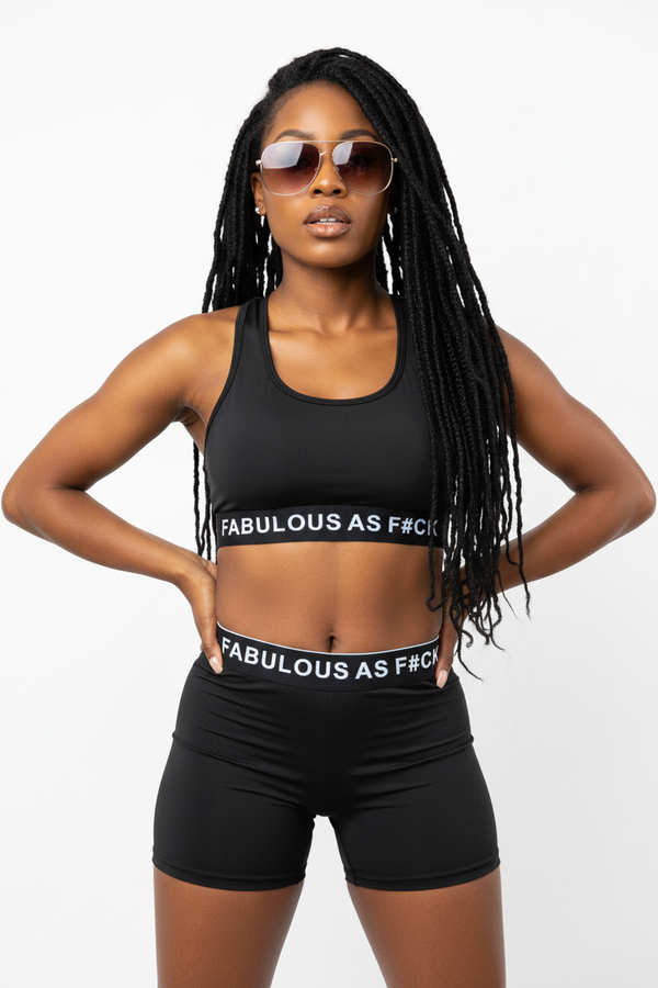Black woman with dreads and sunglasses wearing Fabulous As F#ck biker set