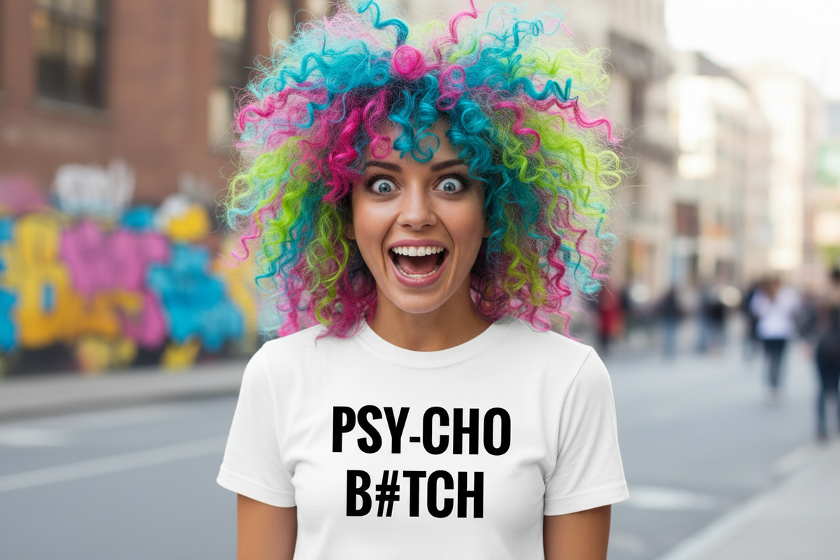 Crazy woman wearing PSY-CHO B#TCH t-shirt