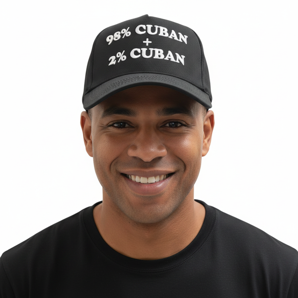Handsome Cuban man wearing 98% Cuban + 2% Cuban cap