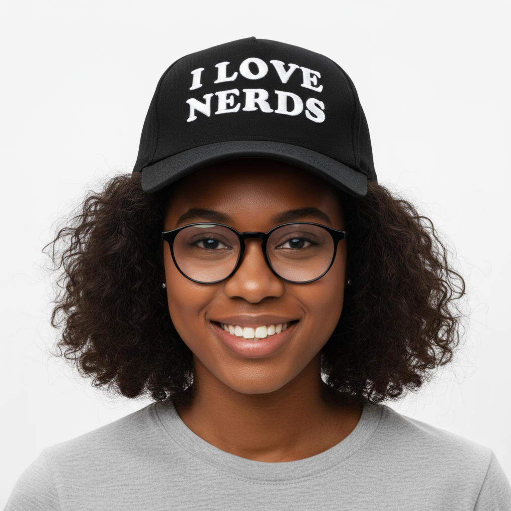 Cute nerdy Black girl wearing I Love Nerds cap
