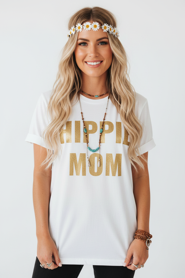 Free-spirited woman wearing Hippie Mom tee