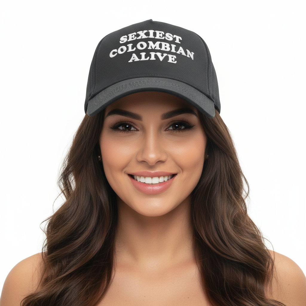 Beautiful Colombian woman wearing Sexiest Colombian Alive cap