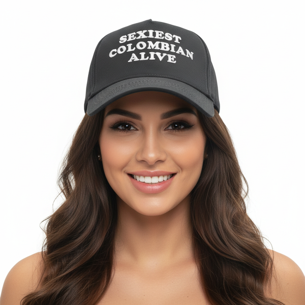 Beautiful Colombian woman wearing Sexiest Colombian Alive cap