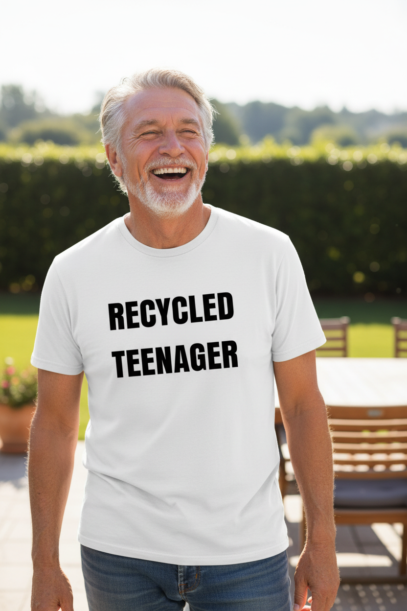 Older man having fun wearing RECYCLED TEENAGER t-shirt