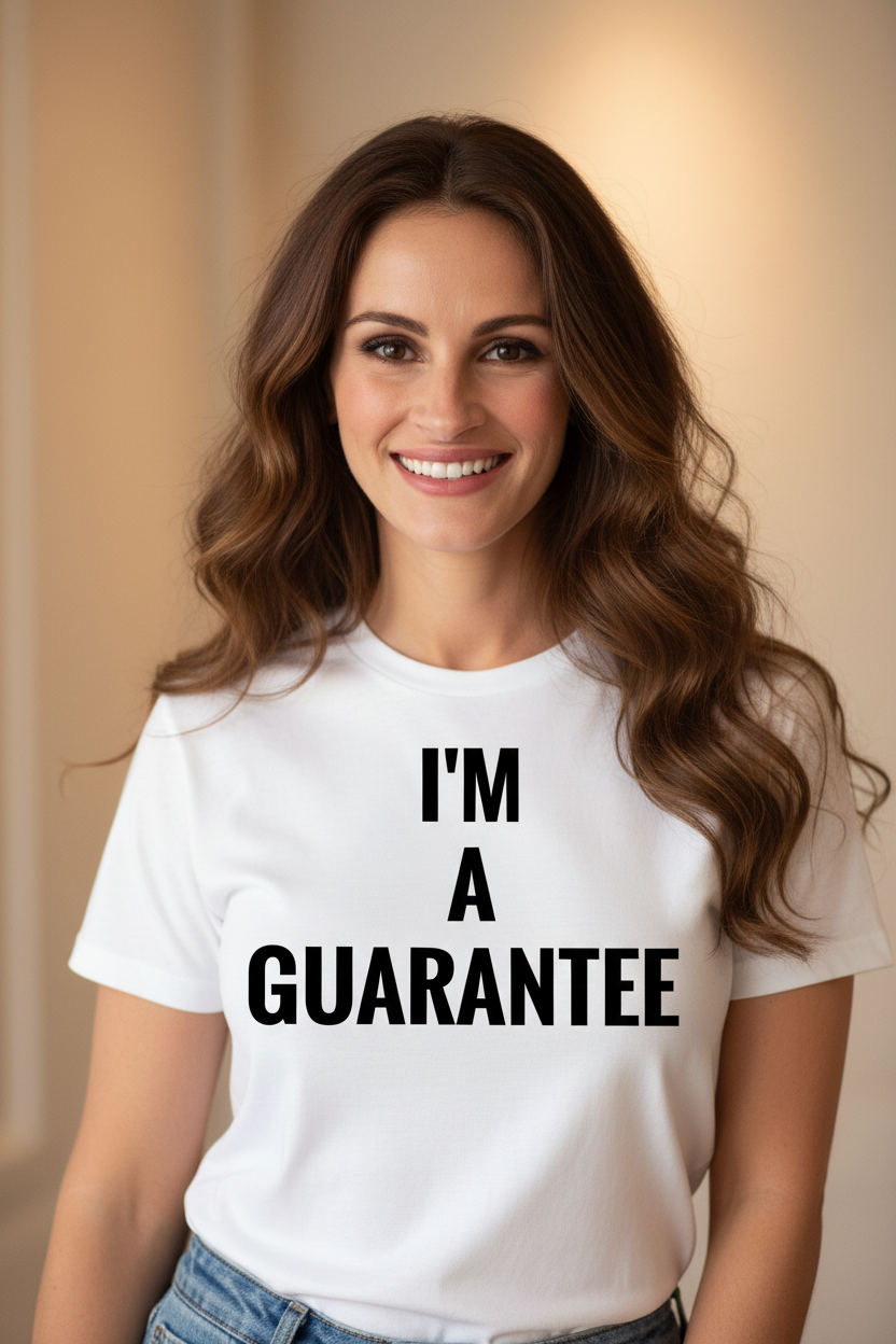 Woman wearing I'm A Guarantee tee