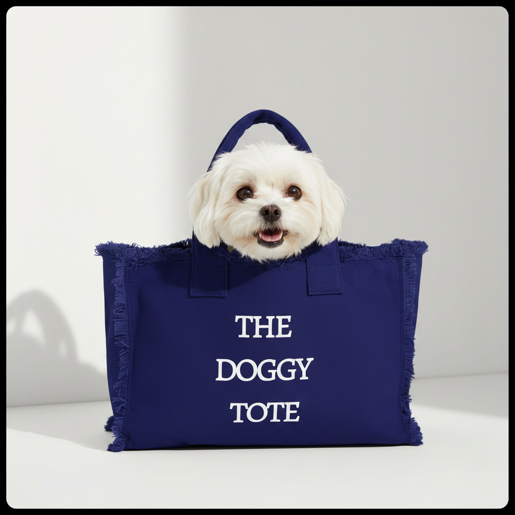 Cute fluffy white dog peeking out of The Doggy Tote