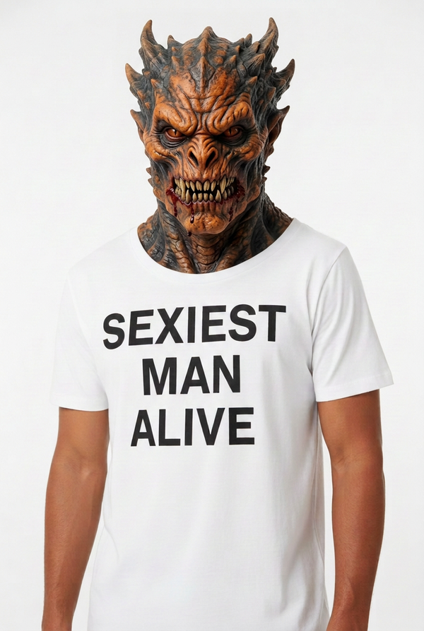 Halloween monster wearing the Sexiest Man Alive white graphic tee with subtle theatrical blood around the mouth.