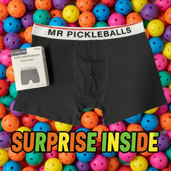MR PICKLEBALLS underwear with colorful pickleball balls and Surprise Inside text