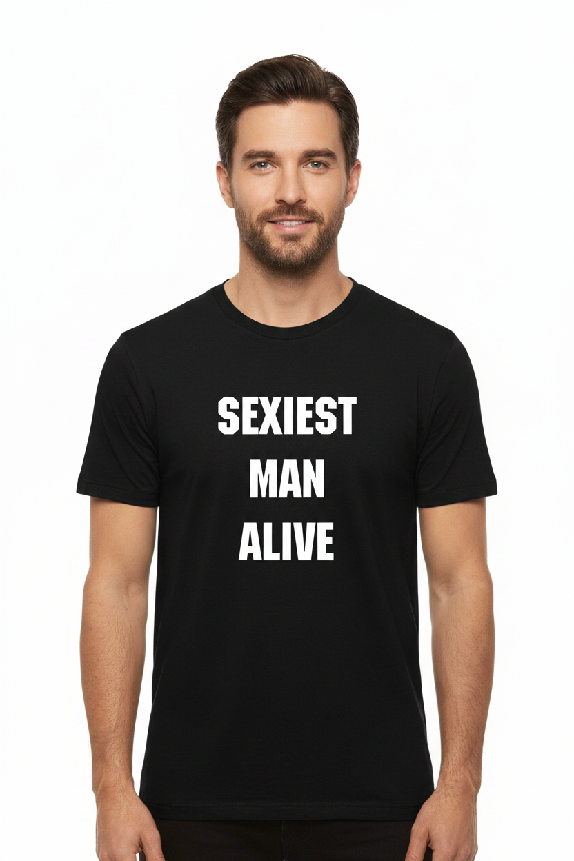 Male model wearing Sexiest Man Alive black tee