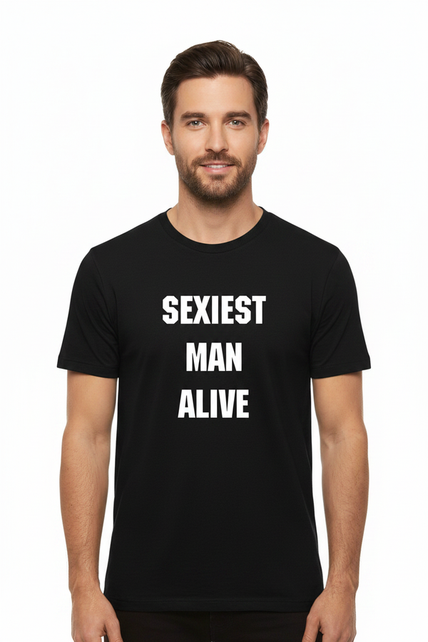 Male model wearing Sexiest Man Alive black tee