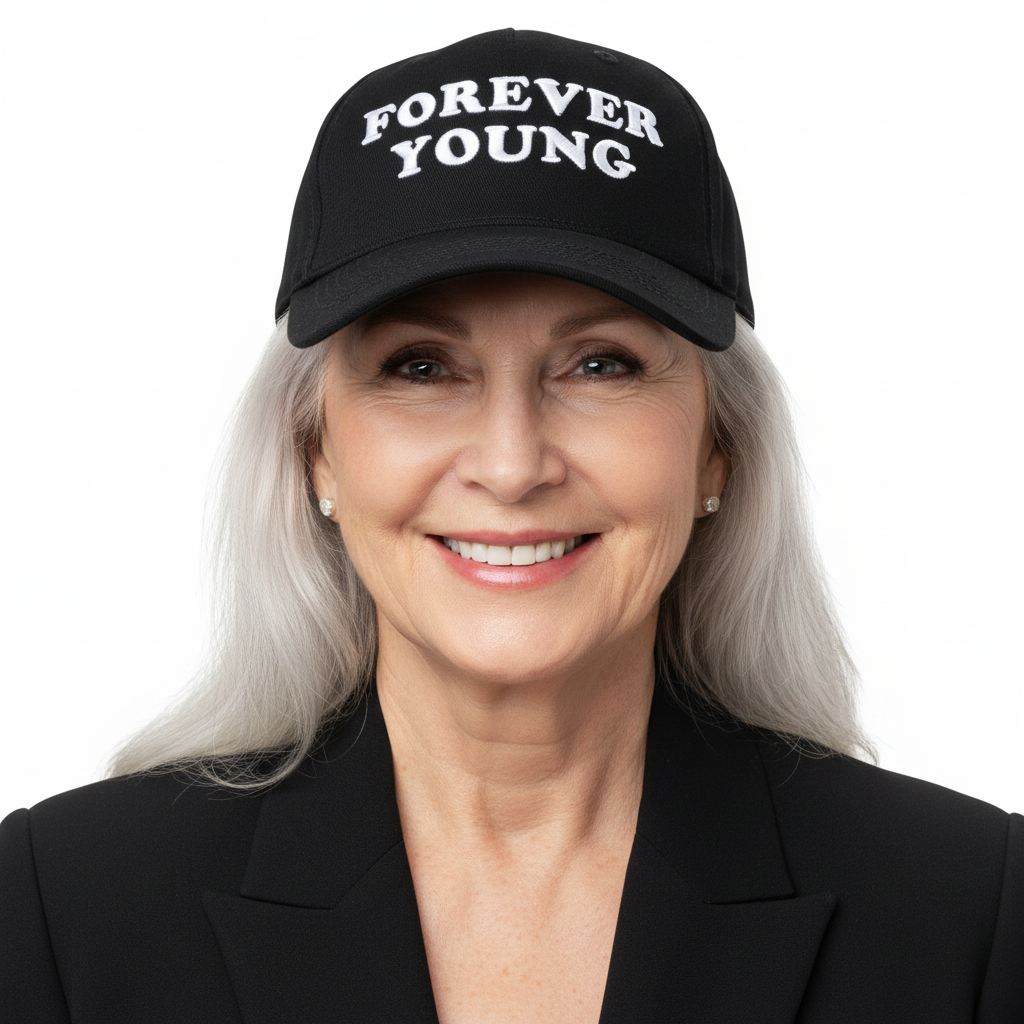 Elegant older woman wearing Forever Young cap