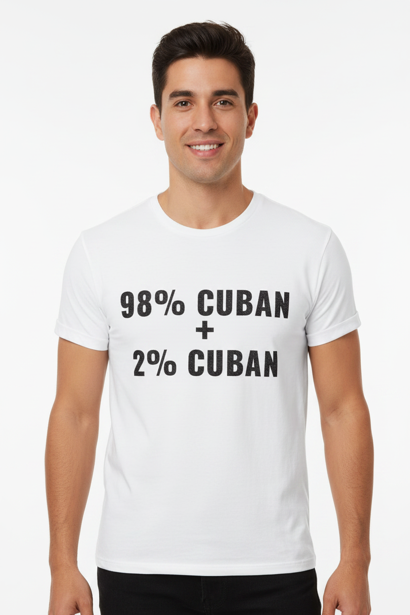 Male model wearing 98% Cuban + 2% Cuban tee