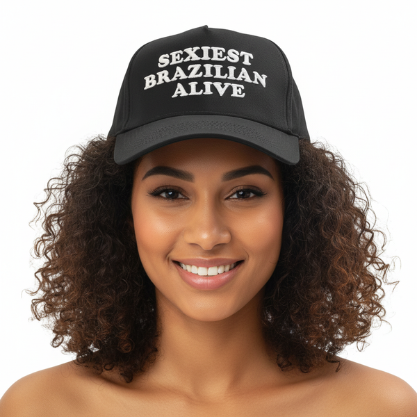 Beautiful mixed-race Brazilian woman wearing Sexiest Brazilian Alive cap
