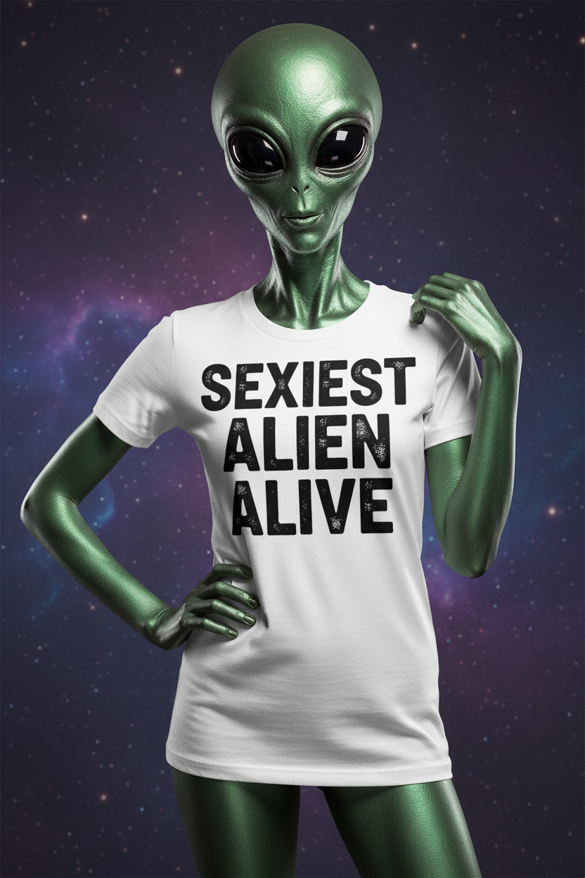 Stylish alien wearing Sexiest Alien Alive graphic tee