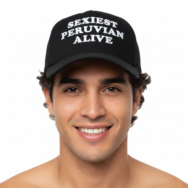 Handsome Peruvian man wearing Sexiest Peruvian Alive cap