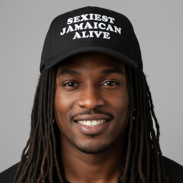 Jamaican man with dreads wearing Sexiest Jamaican Alive cap