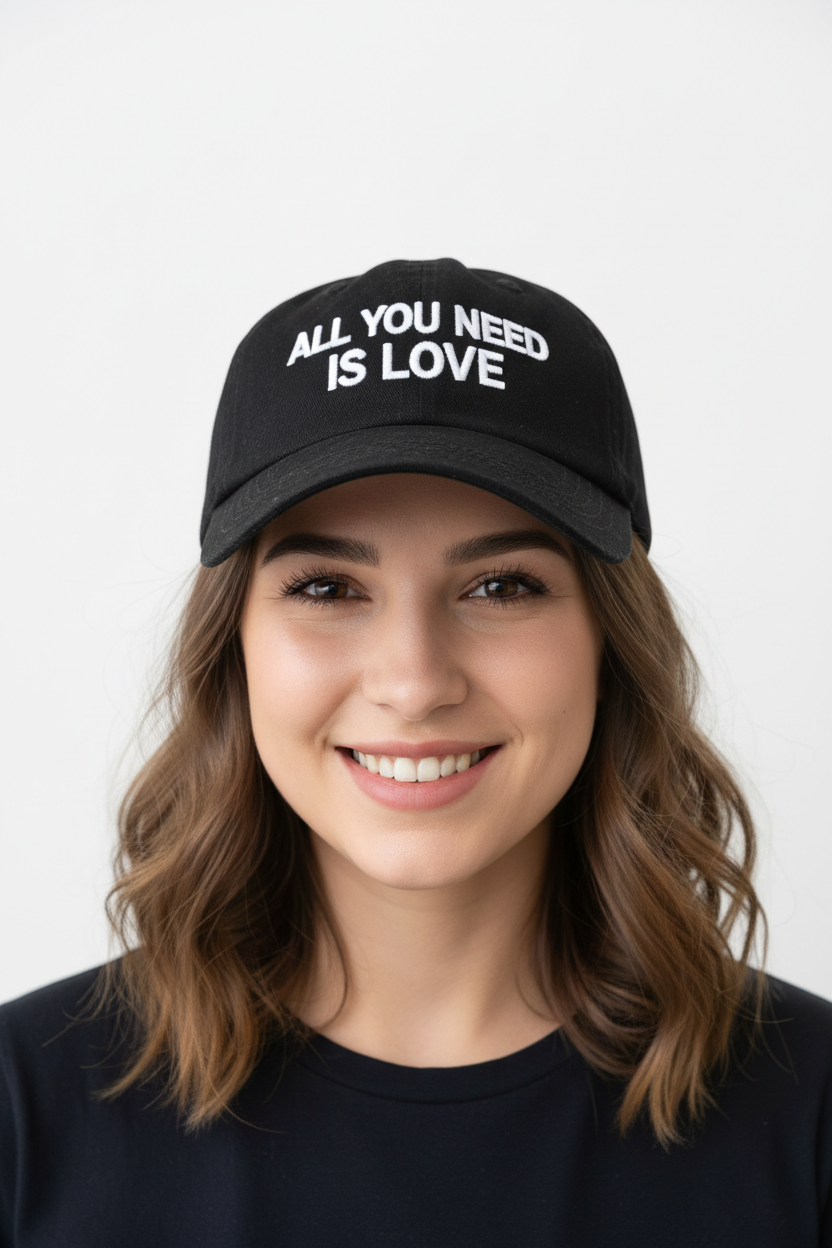Cute young woman wearing All You Need Is Love cap