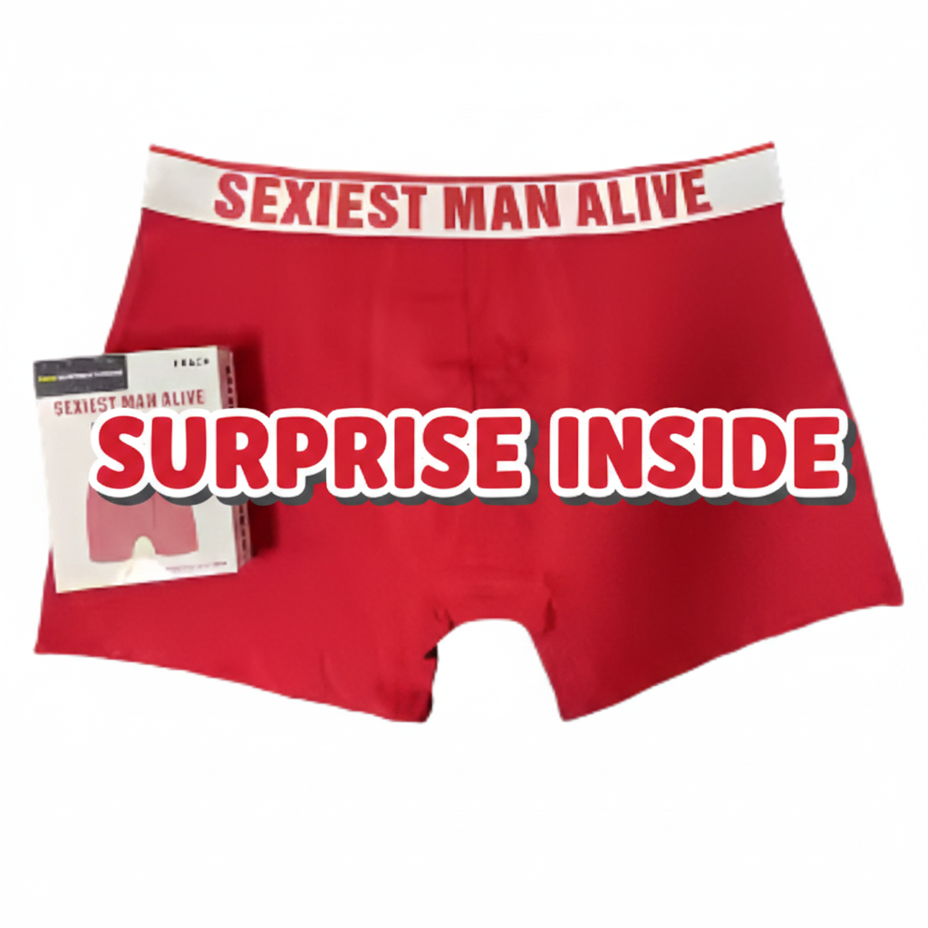 Sexiest Man Alive red boxer briefs with Surprise Inside text