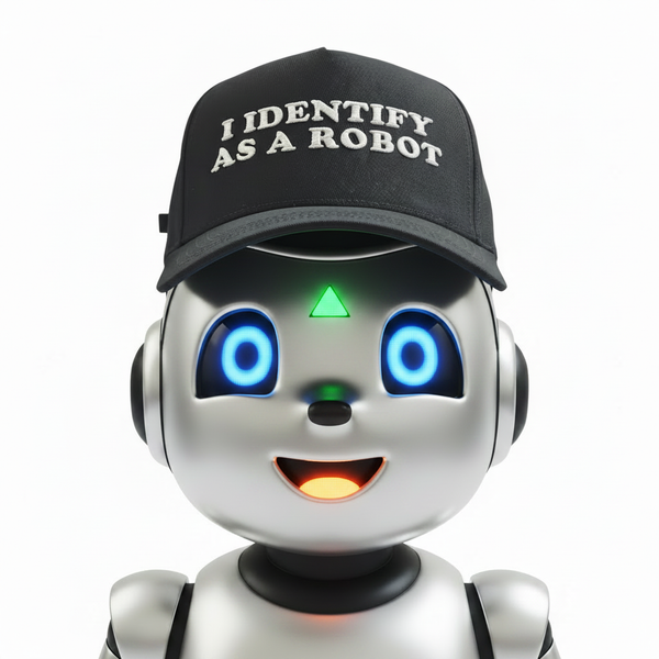 Cute robot with colorful LED lights wearing I Identify As A Robot cap