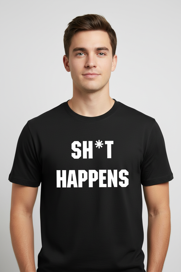Male model wearing Sh*t Happens black tee