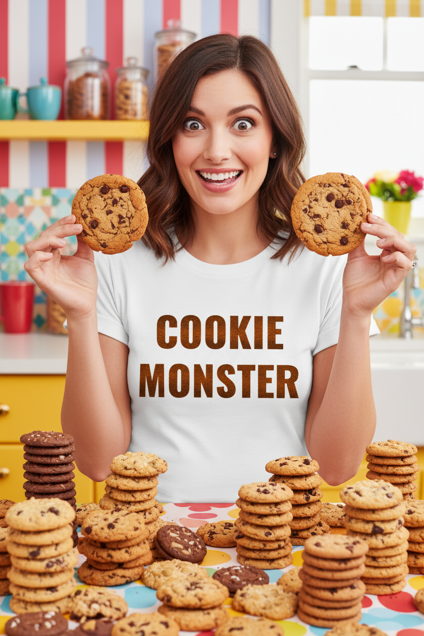 Woman wearing Cookie Monster tee surrounded by cookies