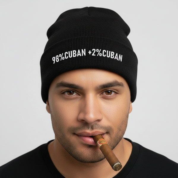 Cuban man with cigar wearing 98% Cuban beanie