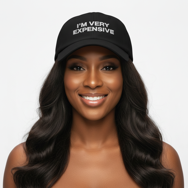 Beautiful Black woman with long hair wearing I'm Very Expensive cap