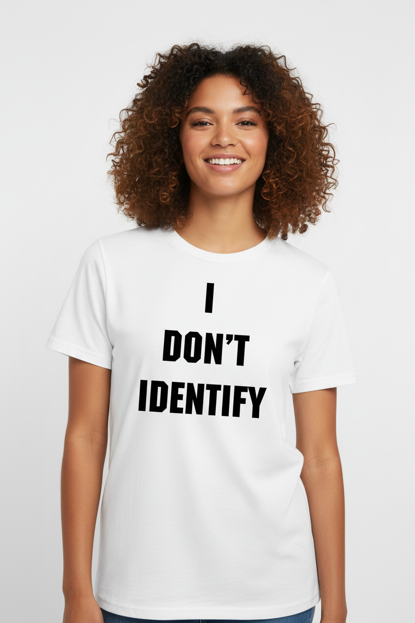 Mixed-race girl wearing I Don't Identify tee