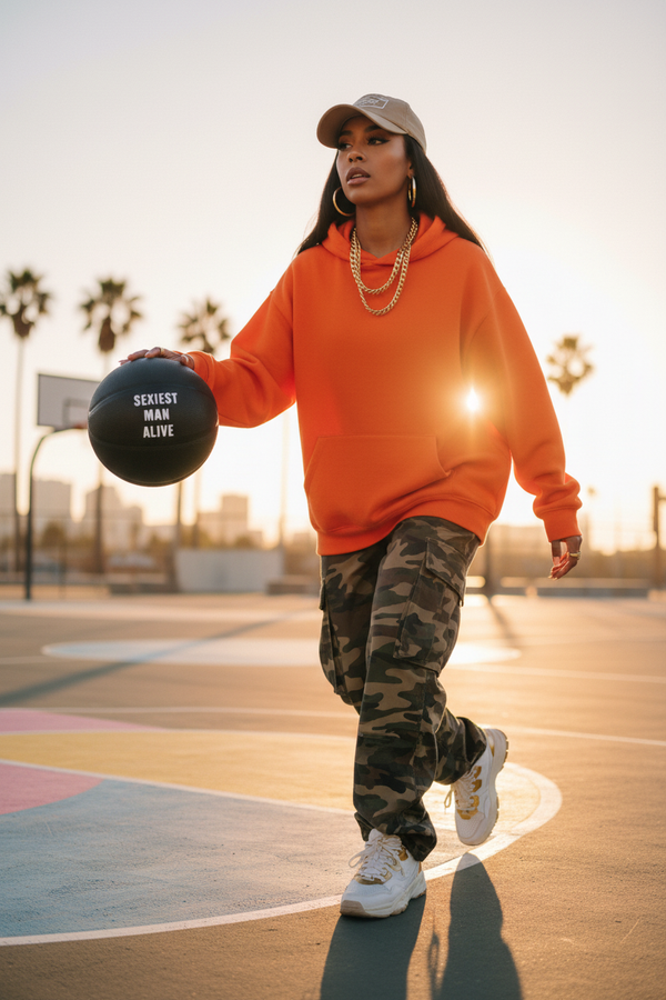 Stylish girl playing with Sexiest Man Alive basketball
